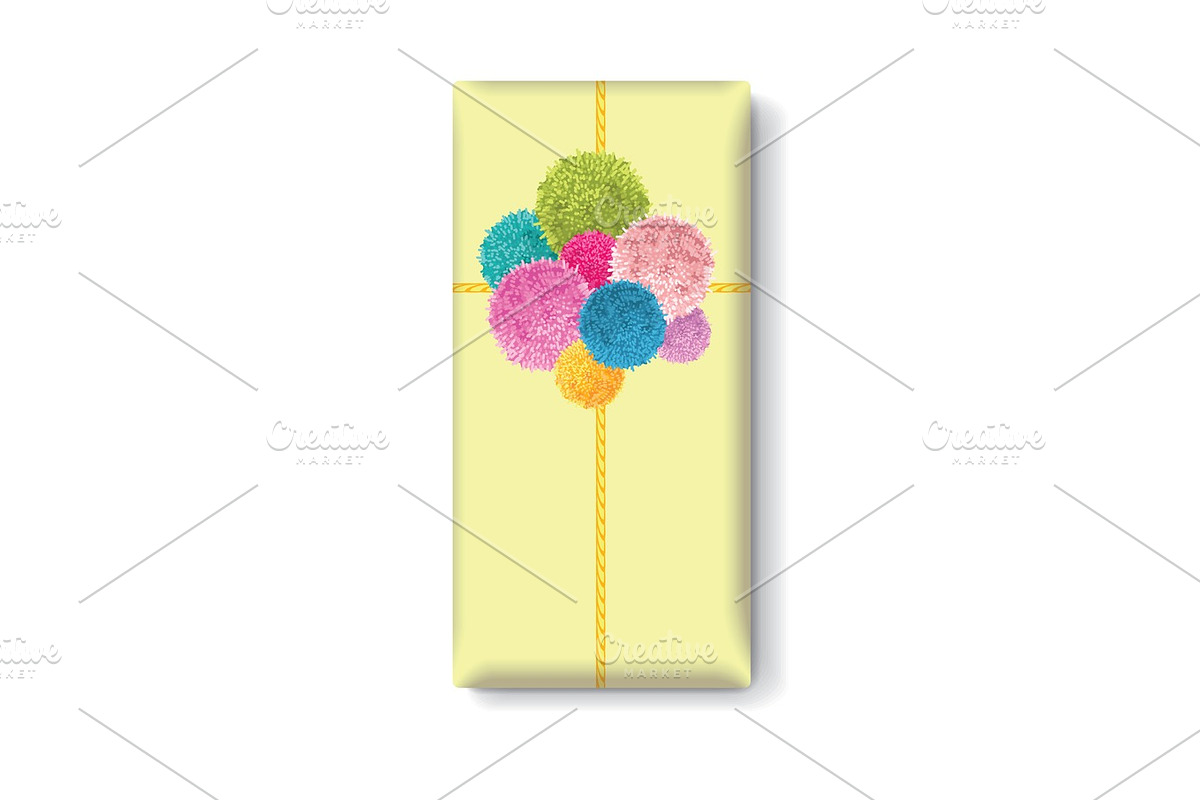 Vector Yellow Gift Box With a Bunch of Colorful Baby Kids Birthday Party Pom Poms Element. Great for handmade cards, invitations, wallpaper, packaging, nursery designs. in Objects - product preview 8