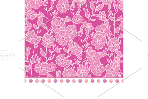 Vector pompom border trim on pink flowers seamless repeat pattern design background print. Perfect for clothing, fabric, home decor, wrapping projects.