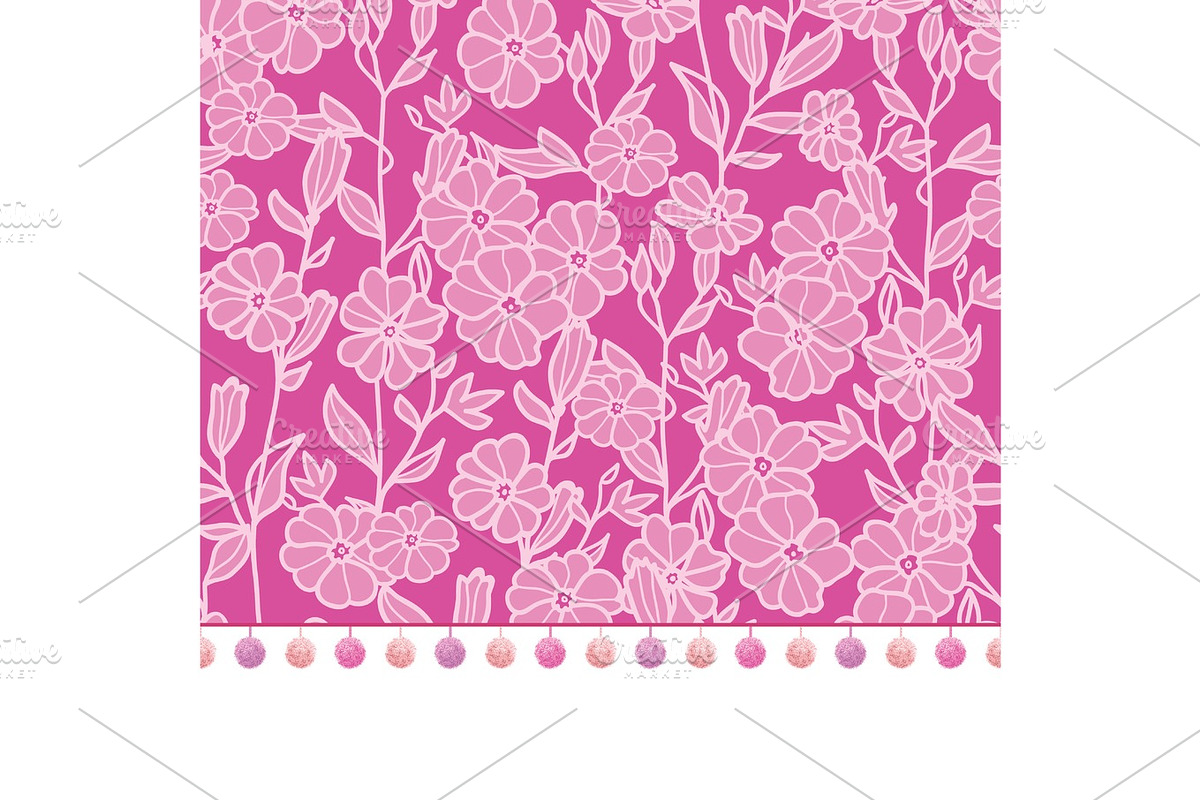 Vector pompom border trim on pink flowers seamless repeat pattern design background print. Perfect for clothing, fabric, home decor, wrapping projects. in Illustrations - product preview 8