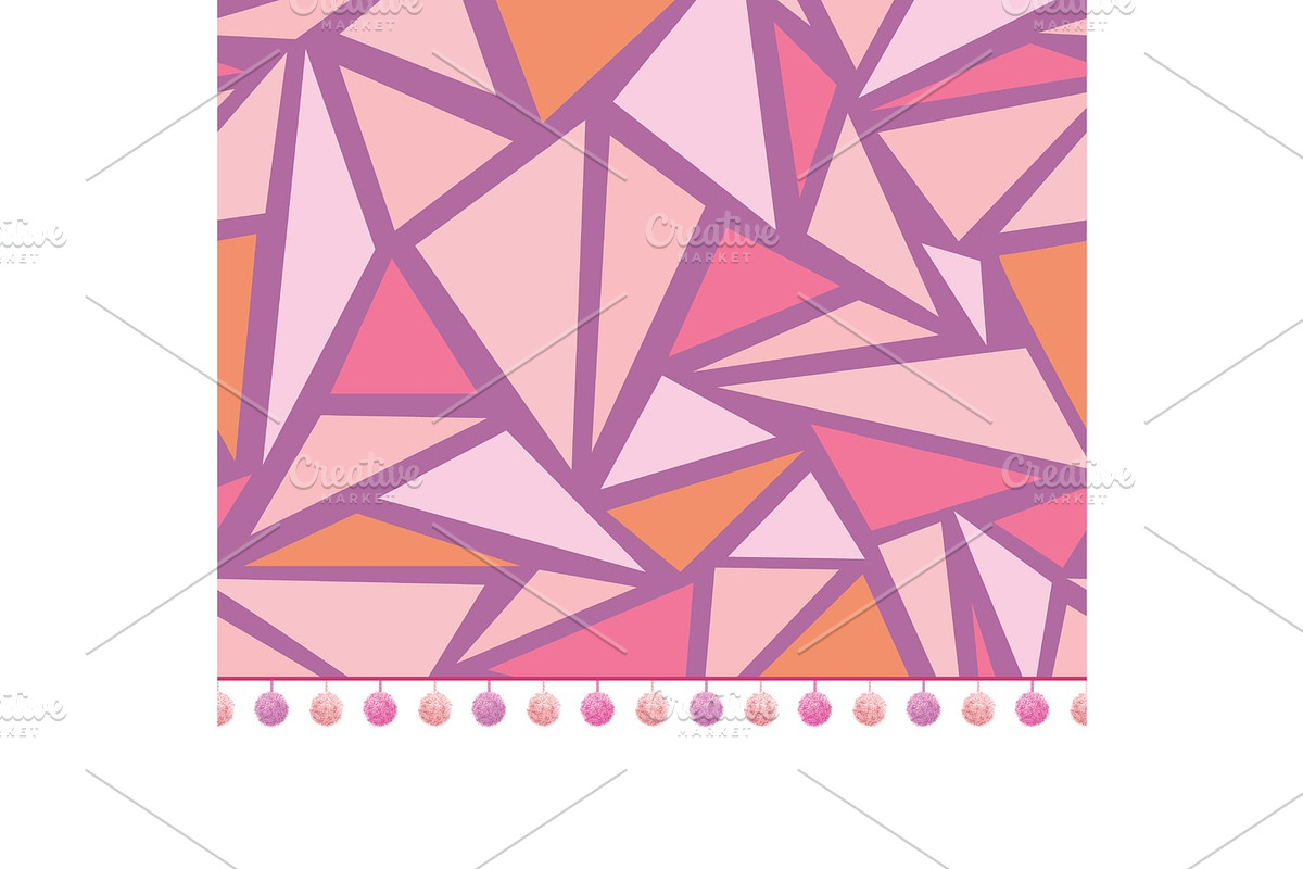Vector pompom border trim on pink triangles mosaic seamless repeat pattern design background print. Perfect for clothing, fabric, home decor, wrapping projects. in Illustrations - product preview 8