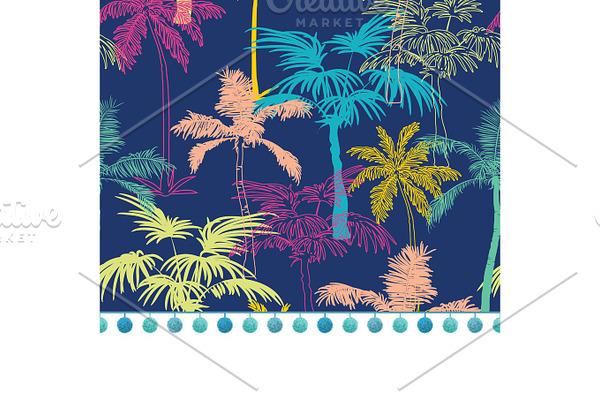 Vector Pompom Border Trim On Dark Blue Colorful Geometric Palm Trees Repeat Seamless Pattern Background. Can Be Used For Fabric, Wallpaper, Stationery, Packaging.