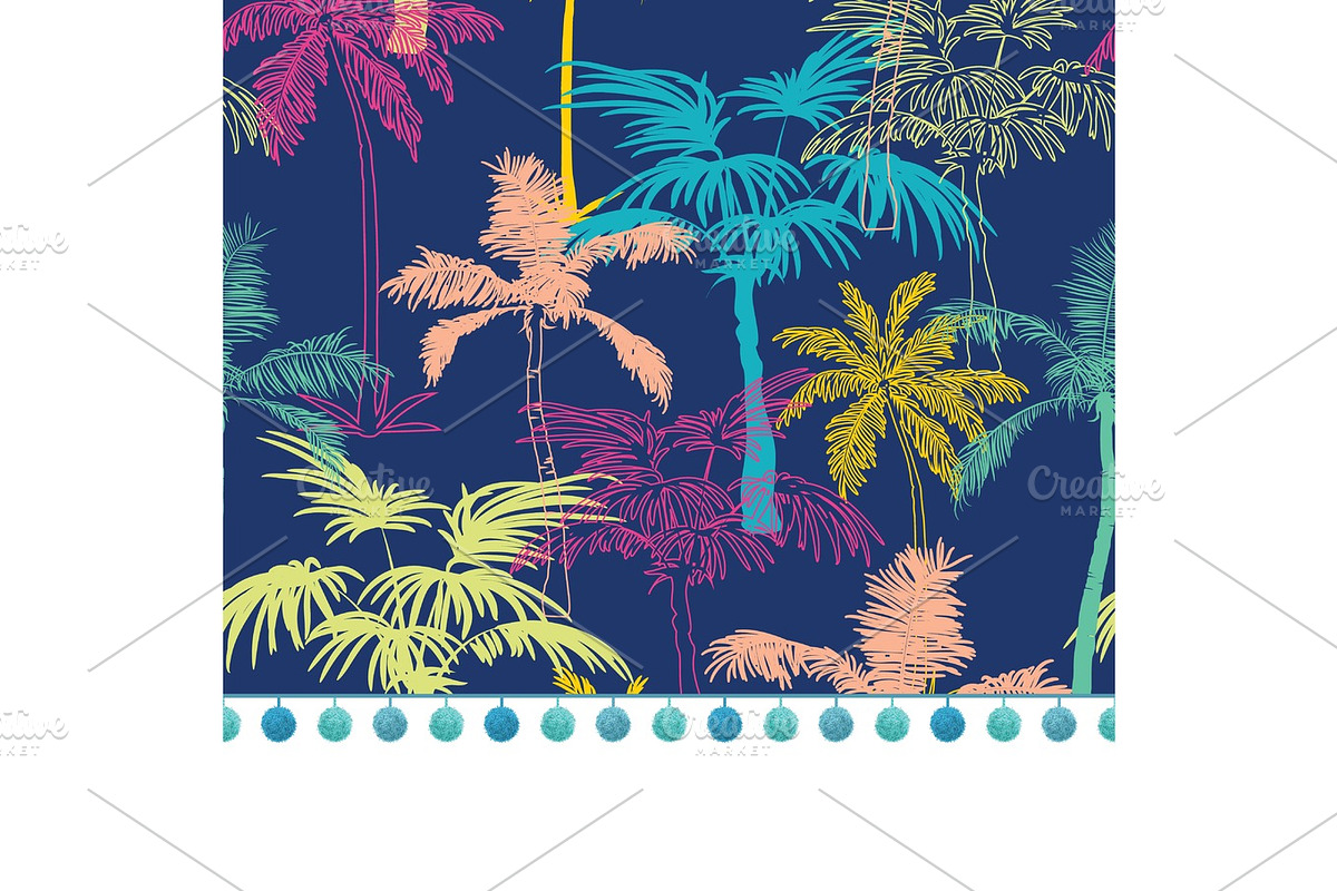 Vector Pompom Border Trim On Dark Blue Colorful Geometric Palm Trees Repeat Seamless Pattern Background. Can Be Used For Fabric, Wallpaper, Stationery, Packaging. in Illustrations - product preview 8