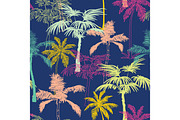 Vector Dark Blue Colorful Geometric Palm Trees Repeat Seamless Pattern Background. Can Be Used For Fabric, Wallpaper, Stationery, Packaging.