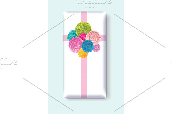 Vector Gift Box With a Bunch of Colorful Baby Kids Birthday Party Pom Poms Element. Great for handmade cards, invitations, wallpaper, packaging, nursery designs.