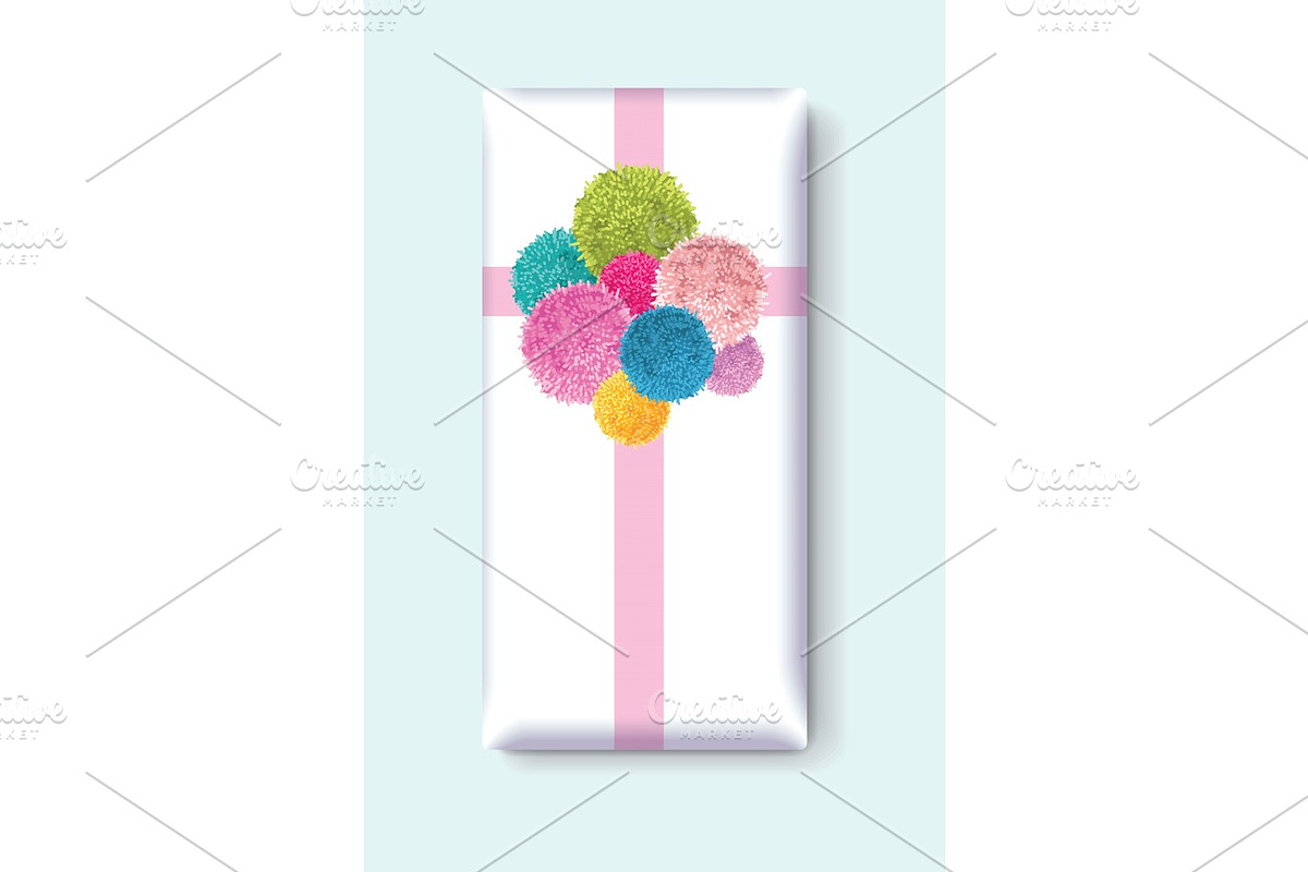 Vector Gift Box With a Bunch of Colorful Baby Kids Birthday Party Pom Poms Element. Great for handmade cards, invitations, wallpaper, packaging, nursery designs. in Objects - product preview 8