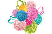 Vector Bunch of Colorful Baby Kids Birthday Party Pom Poms and Ribbons Element. Great for handmade cards, invitations, wallpaper, packaging, nursery designs.
