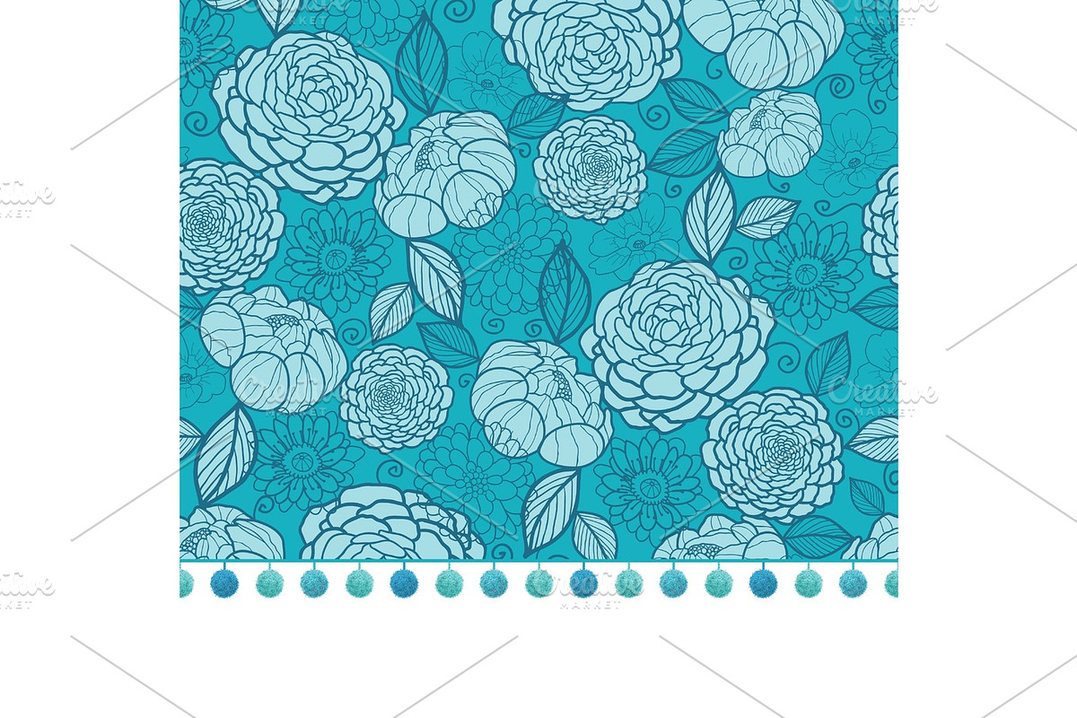 Vector pompom border trim on blue flowers seamless repeat pattern design background print. Perfect for clothing, fabric, home decor, wrapping projects. in Illustrations - product preview 8