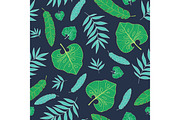 Vector dark tropical summer hawaiian seamless pattern with tropical green plants and leaves on navy blue background. Great for vacation themed fabric, wallpaper, packaging.