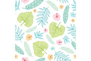 Vector light tropical summer hawaiian seamless pattern with tropical plants, leaves, and hibiscus flowers on white background. Great for vacation themed fabric, wallpaper, packaging.