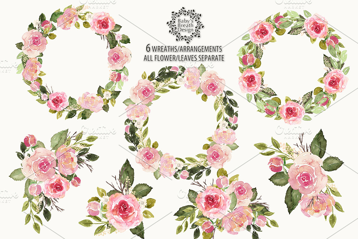 Watercolor English Roses wreaths in Illustrations - product preview 8