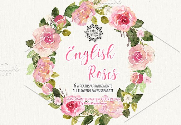 Watercolor English Roses wreaths in Illustrations - product preview 1