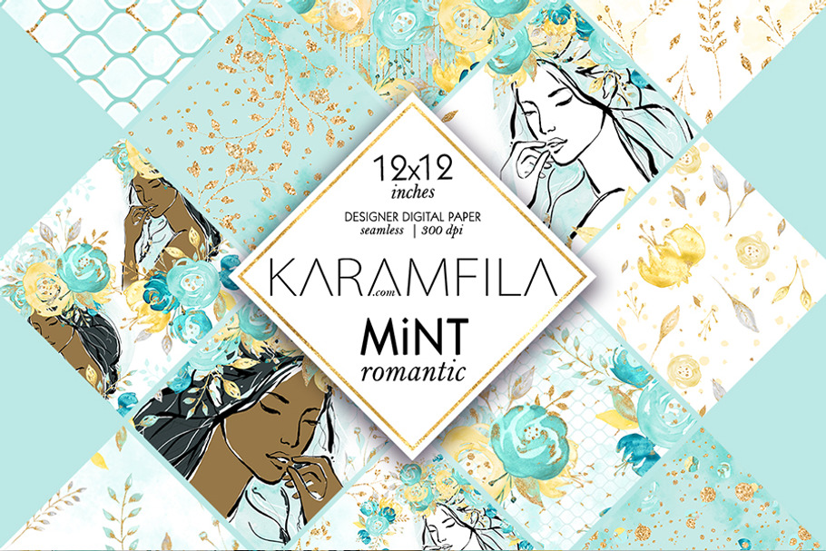 Mint & Gold Wedding Digital Paper in Patterns - product preview 8