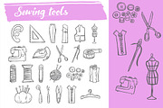 Sewing tool doodle icons