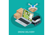 Isometric Drone Fast Delivery of goods in the city. Technological shipment innovation concept. Autonomous logistics.