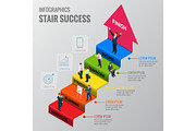 Career ladder of a businessman or a stage of business development marketing, planning, strategy, teamwork, success, finish. Isometric vector people.