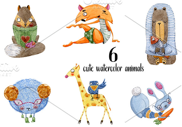 Cute watercolor animals Design Set in Illustrations - product preview 1
