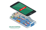 Isometric online shopping concept. Smart phone online shopping. Buy shoes, clothes, accessories, products, perfumes, appliancesaccessories with e commerce web site
