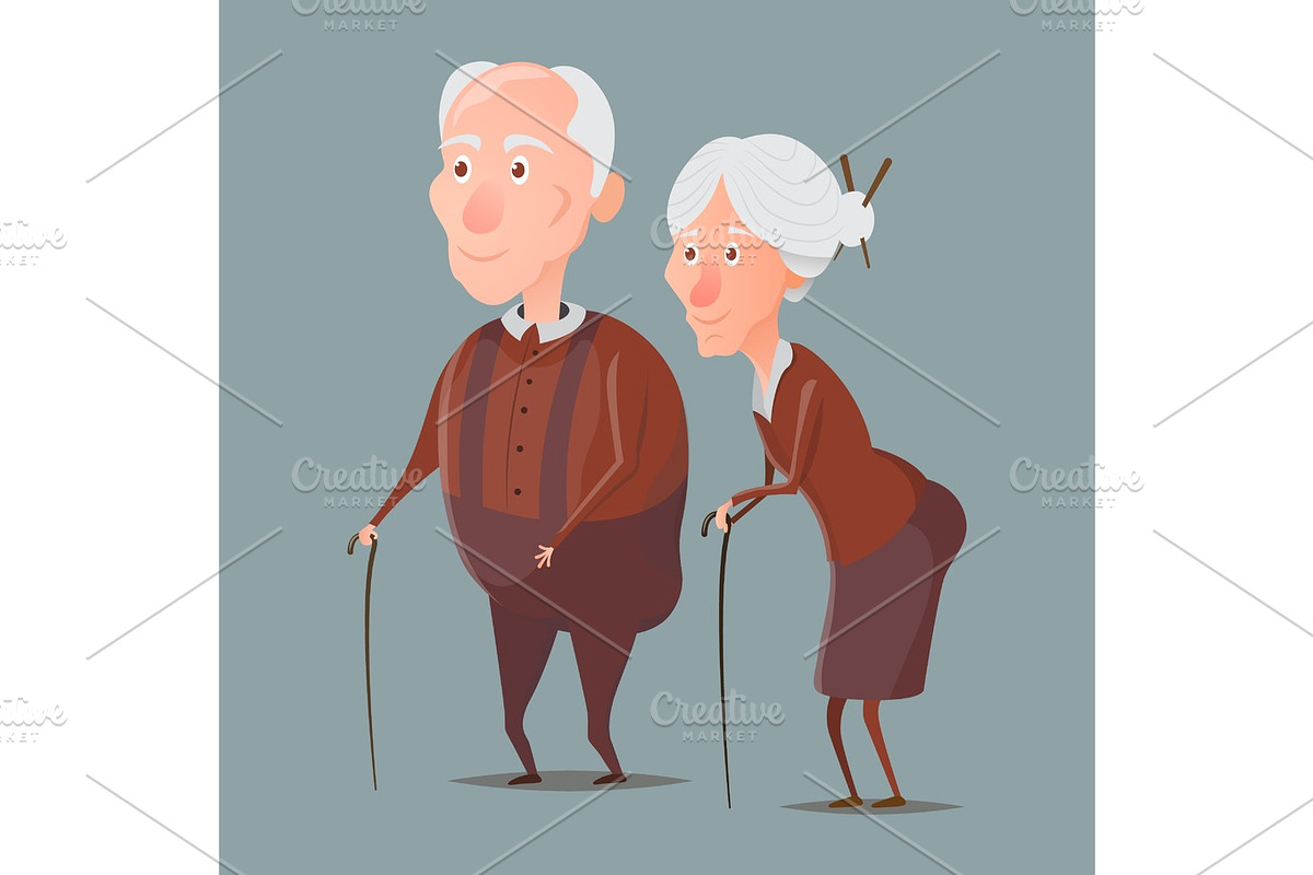 grandmother and grandfather walking with sticks in Illustrations - product preview 8