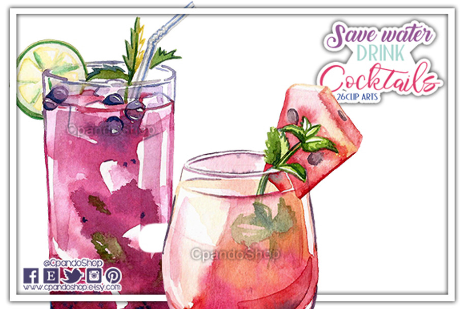Cocktails hand painted clip art in Illustrations - product preview 8