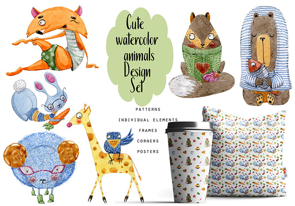 Cute watercolor animals Design Set in Illustrations - product preview 13