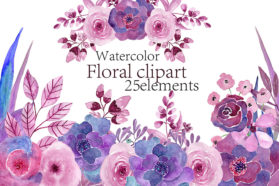 Watercolor purple floral clipart in Illustrations - product preview 8