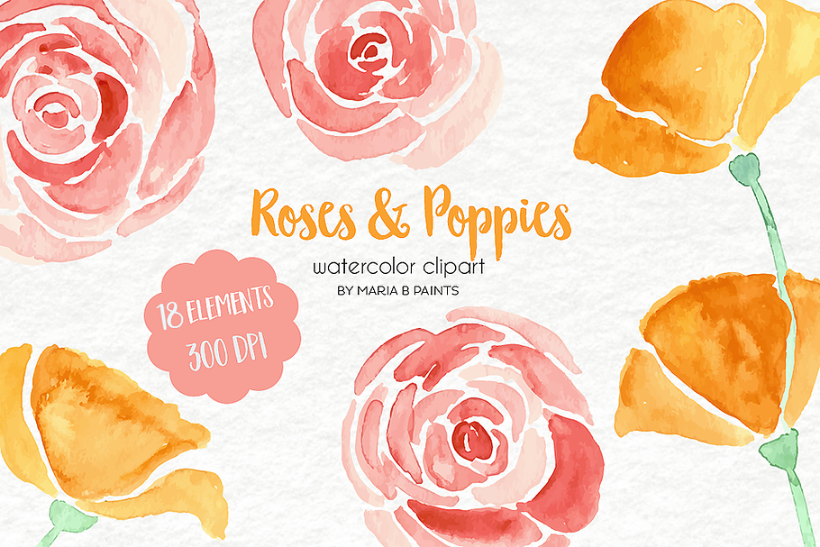 Watercolor Clip Art - Roses, Poppies