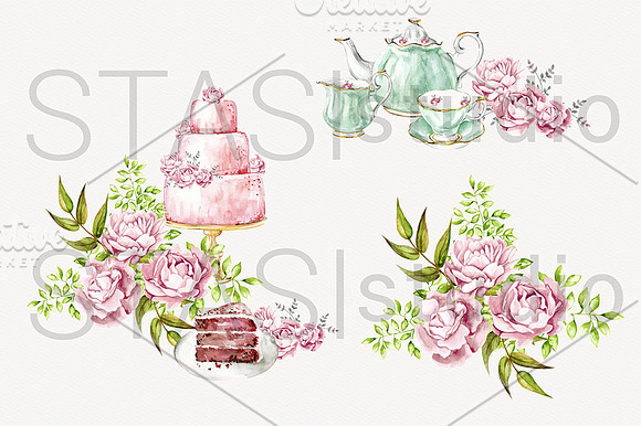 Tea Party Watercolor Clipart in Illustrations - product preview 2