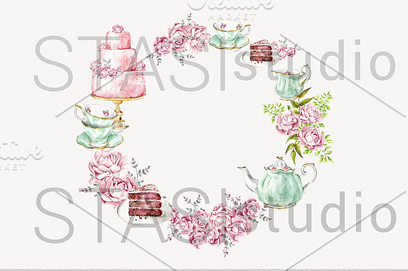 Tea Party Watercolor Clipart in Illustrations - product preview 3