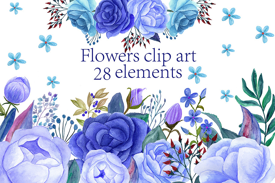 Watercolor blue flowers clip art