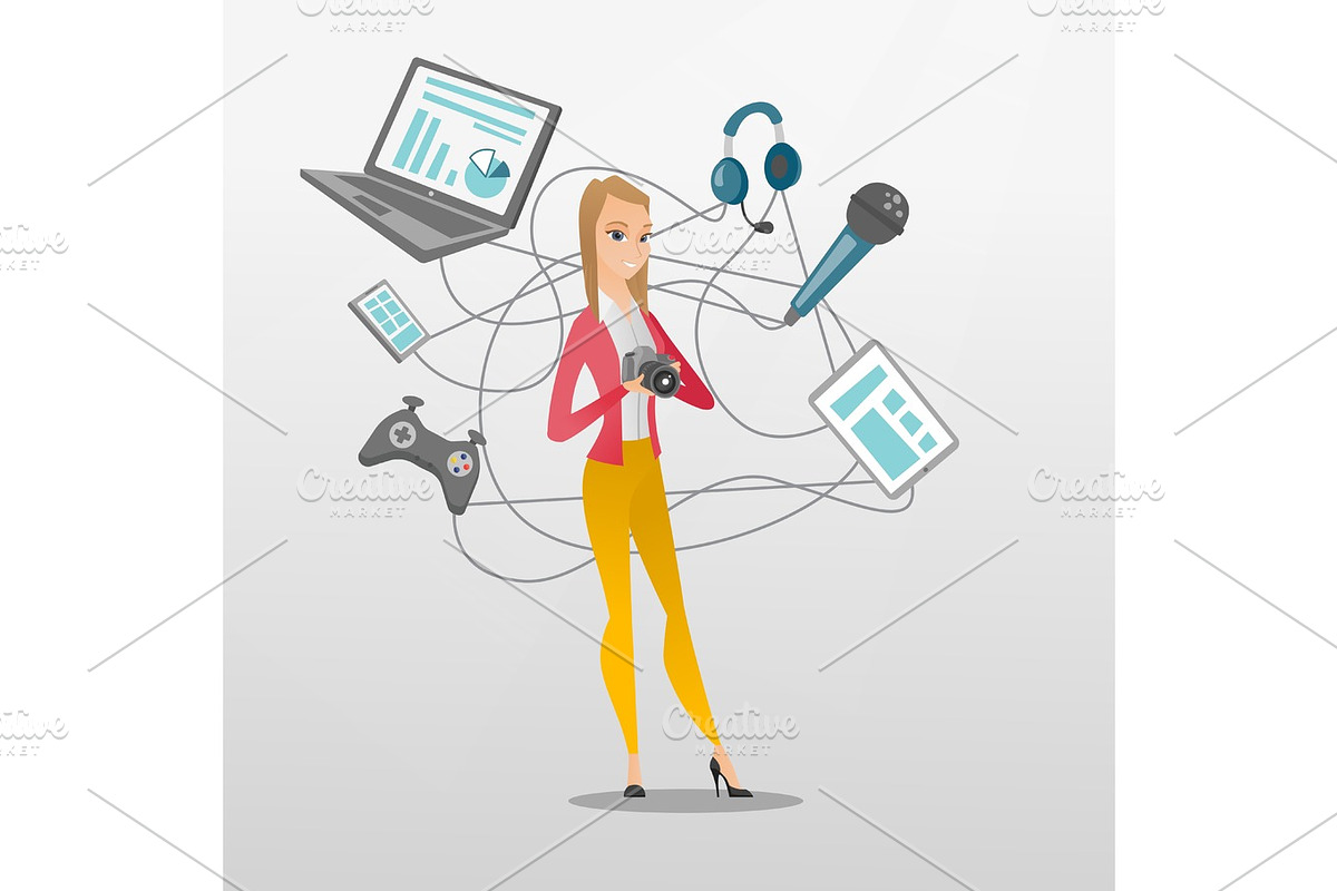 Young caucasian woman surrounded by her gadgets. in Illustrations - product preview 8