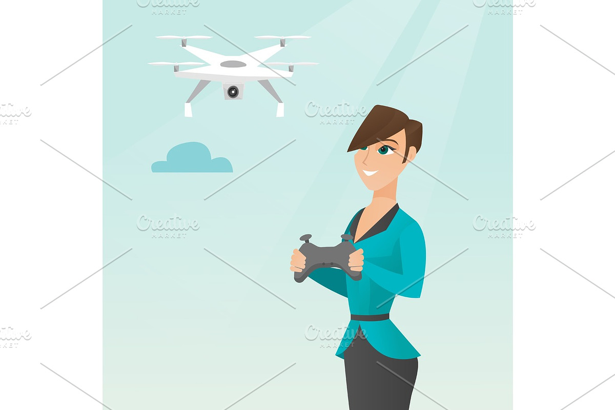 Young caucasian woman flying drone. in Illustrations - product preview 8
