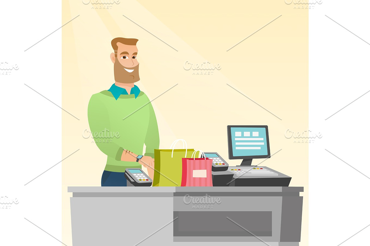 Caucasian man paying wireless with smart watch. in Illustrations - product preview 8