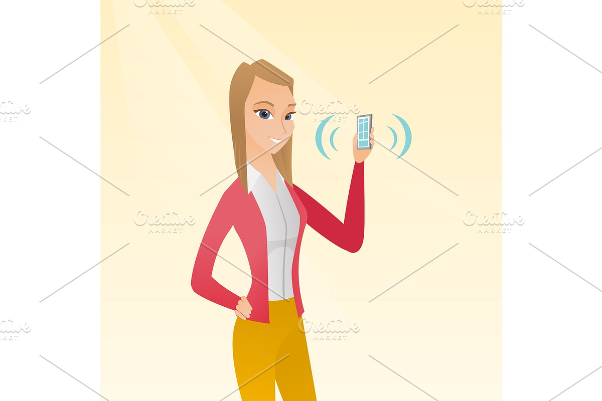Young caucasian woman holding ringing mobile phone in Illustrations - product preview 8
