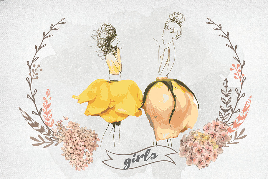Romantic girls in flower skirt in Illustrations - product preview 8