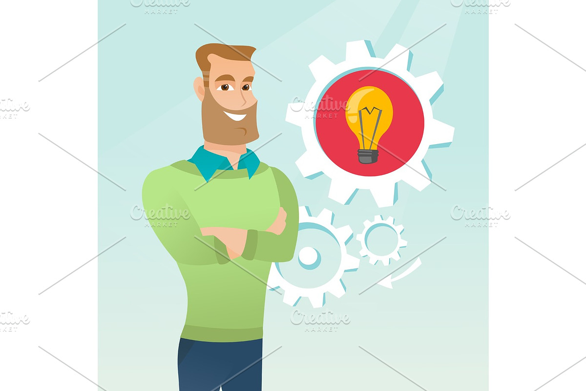 Caucasian man with business idea lightbulb in gear in Illustrations - product preview 8