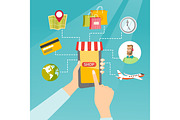 Hands holding phone connected with shopping icons.