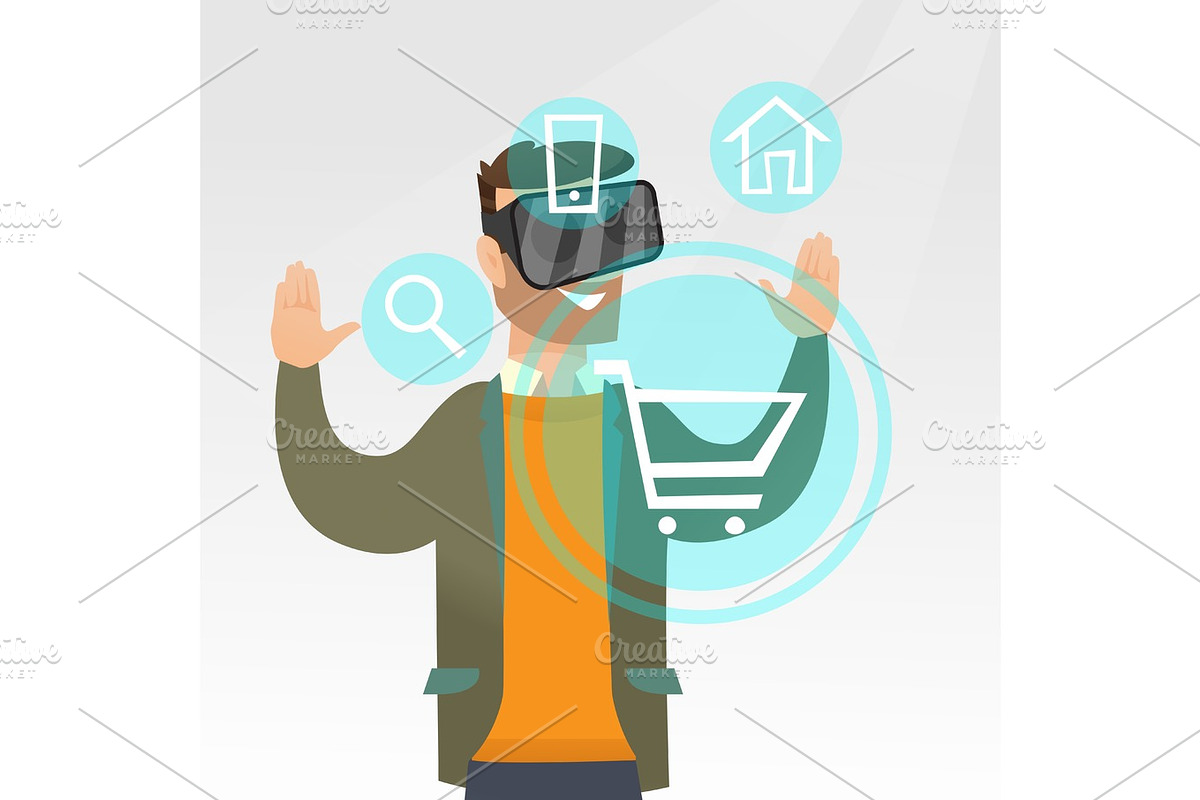 Man in virtual reality headset shopping online. in Illustrations - product preview 8