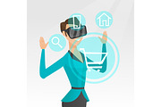 Woman in virtual reality headset shopping online.