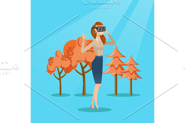 Woman wearing virtual reality headset in the park.