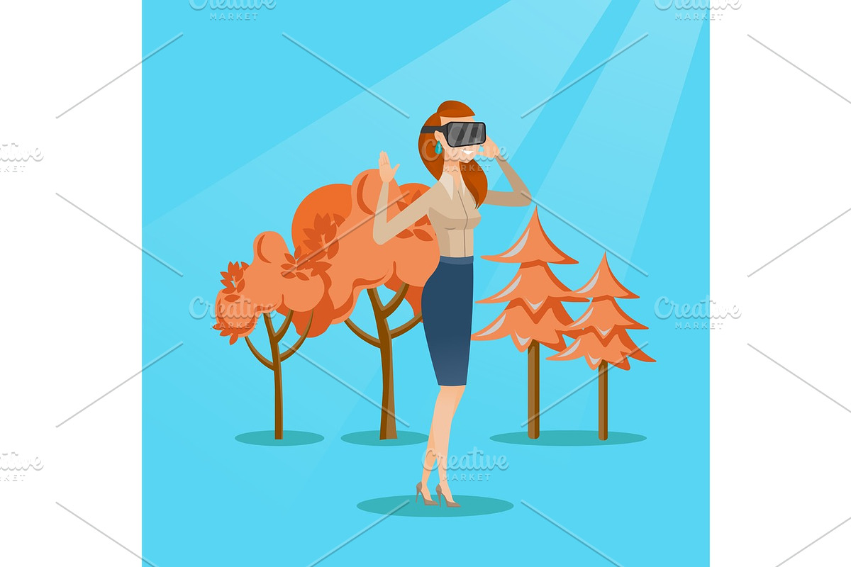 Woman wearing virtual reality headset in the park. in Illustrations - product preview 8