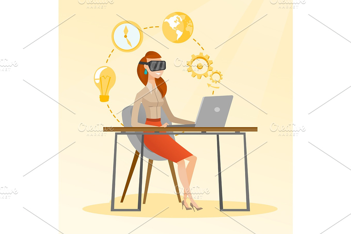 Business woman in vr headset working on a computer in Illustrations - product preview 8