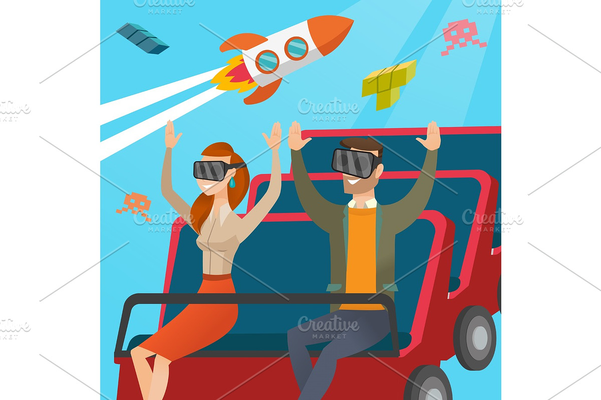 Couple in vr headset riding on a roller coaster. in Illustrations - product preview 8