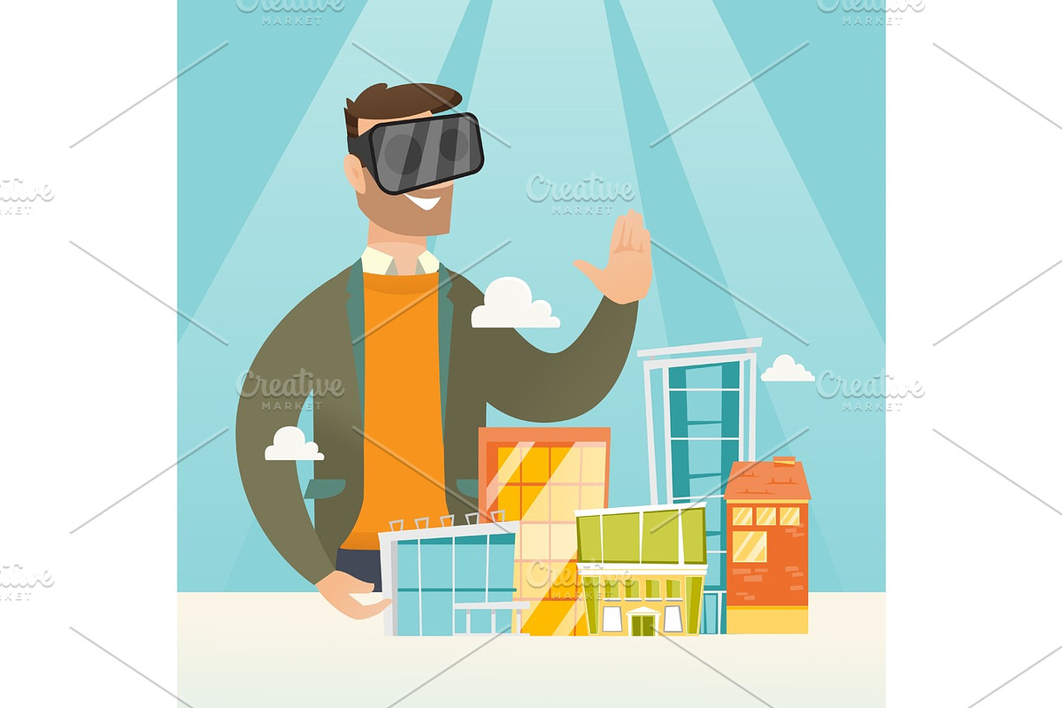 Caucasian man wearing virtual reality headset. in Illustrations - product preview 8