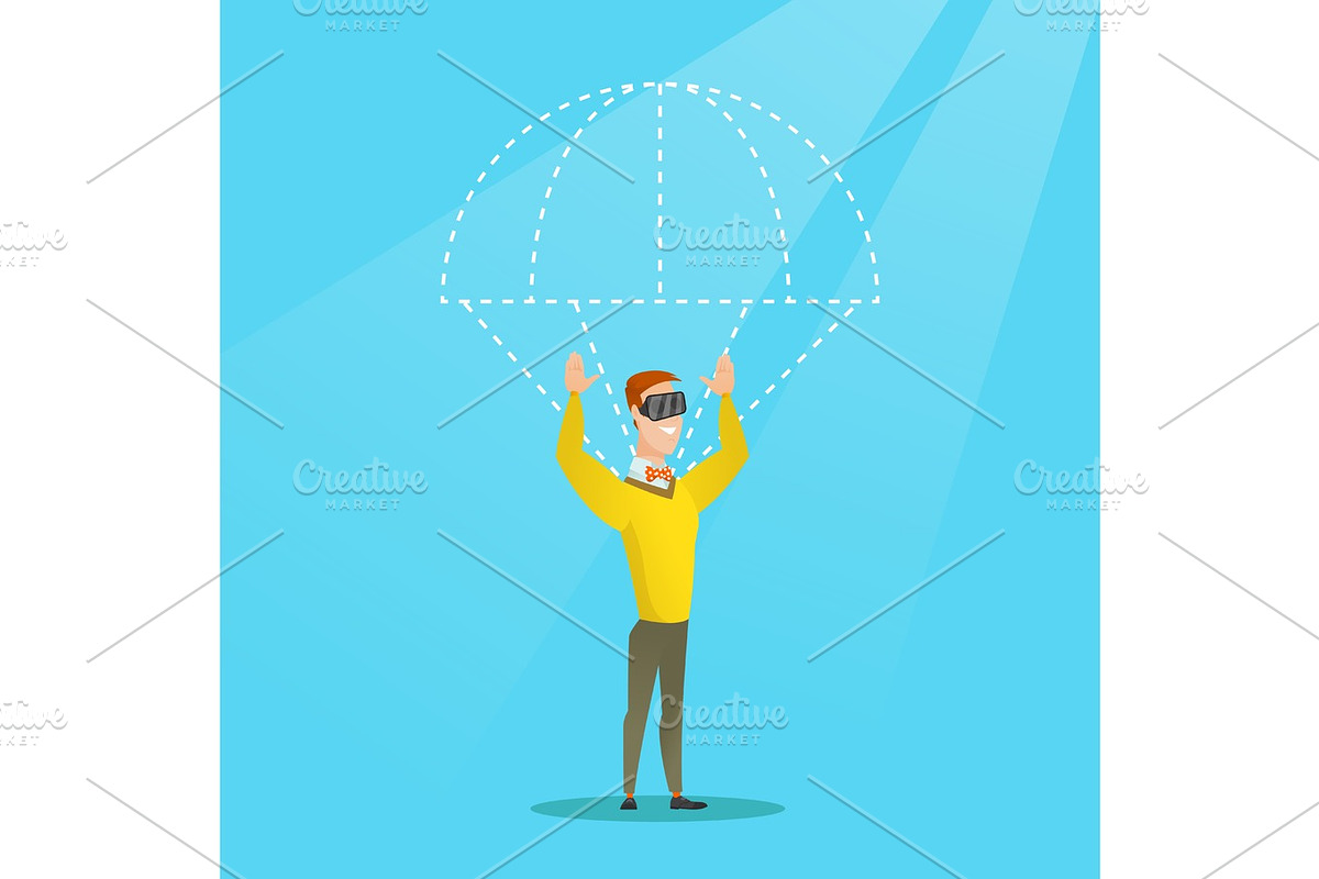 Caucasian man in vr headset flying with parachute. in Illustrations - product preview 8