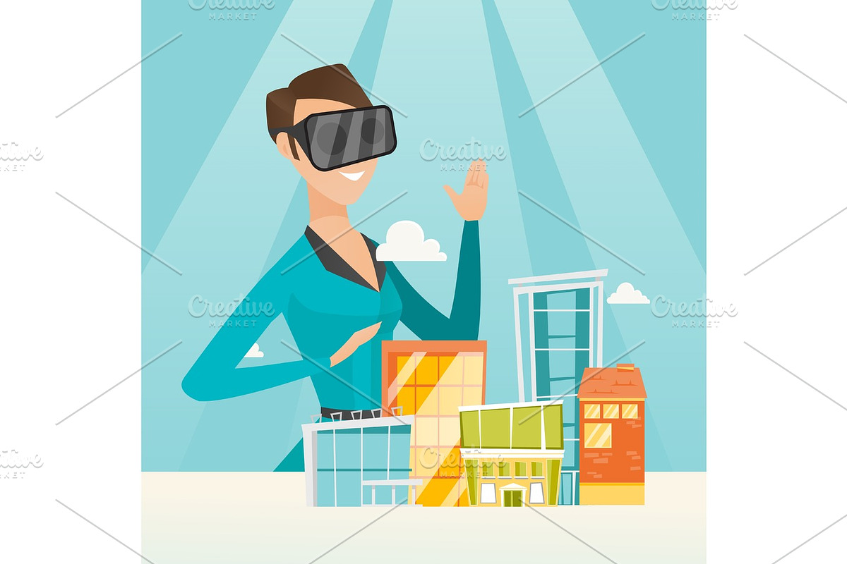 Caucasian woman wearing virtual reality headset. in Illustrations - product preview 8