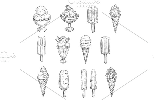 Ice cream vector sketch icons of fresh desserts