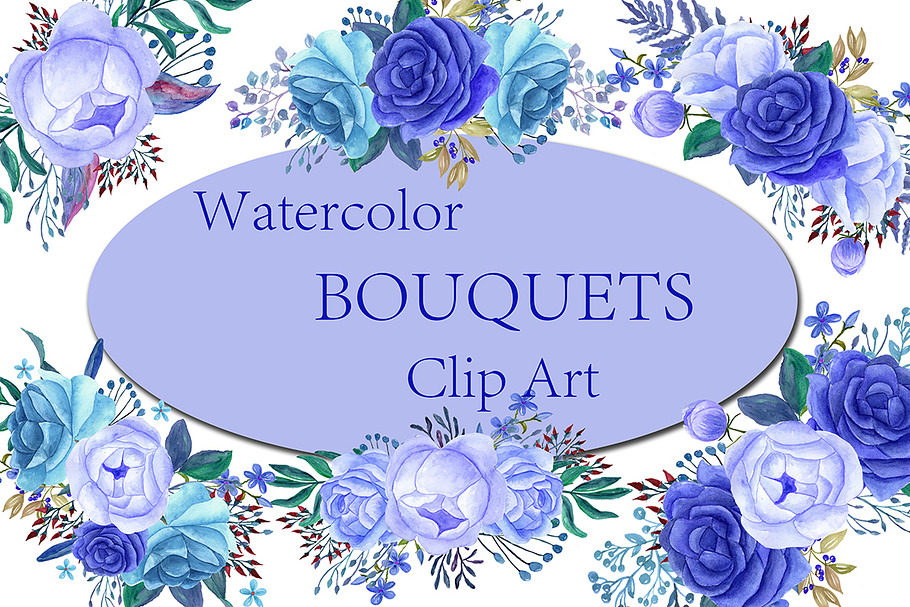 Blue Watercolor bouquets clip art in Illustrations - product preview 8