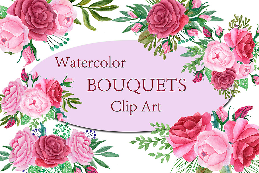Pink Watercolor bouquets clip art in Illustrations - product preview 8