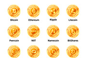 set of golden cryptocurrency coins