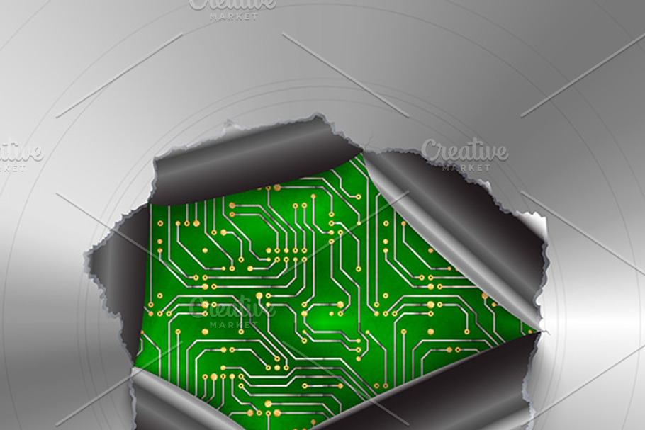 Hole in metal on green microchip in Illustrations - product preview 8